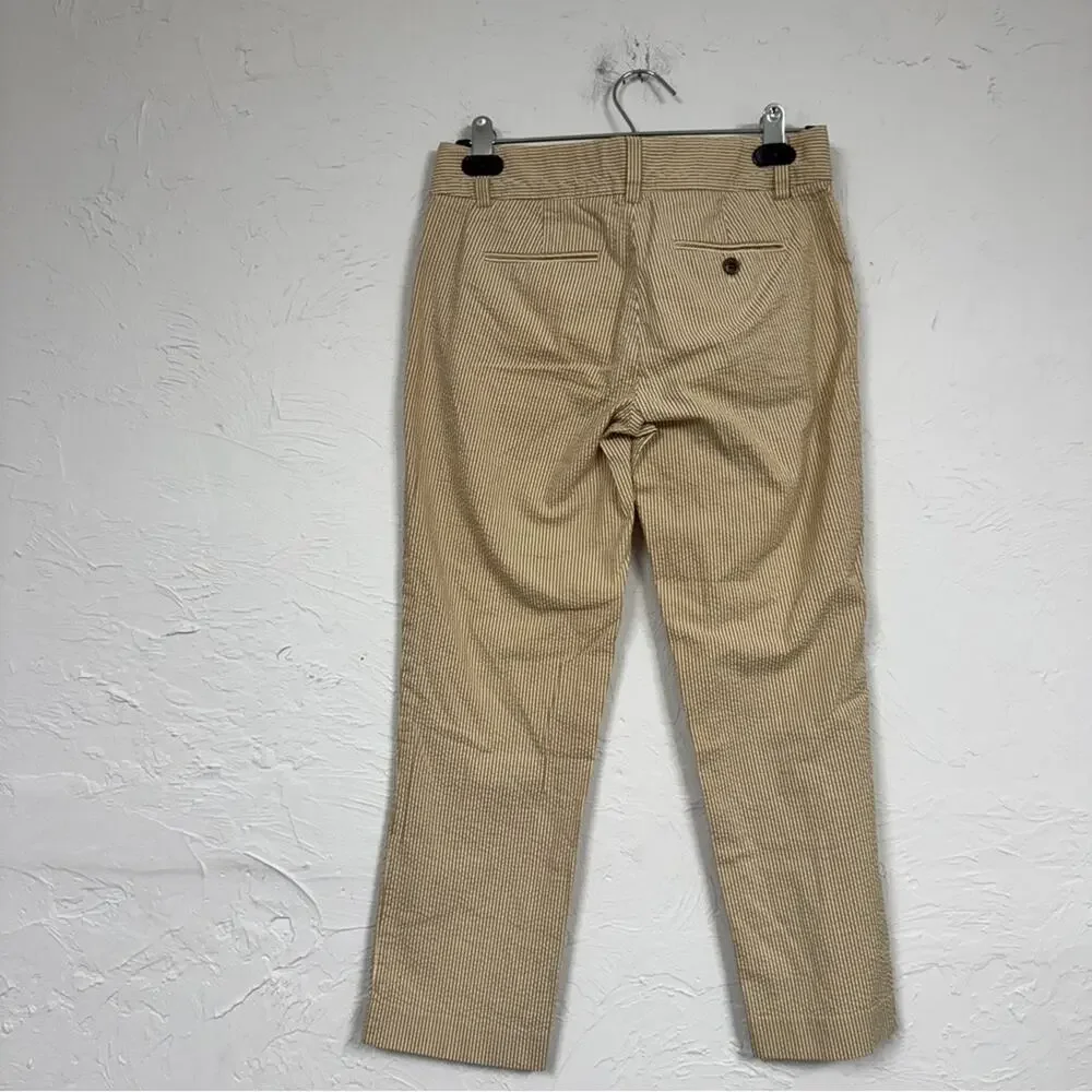 J Crew Tan White Stripe Seersucker Cropped Trouser Pants Womens 0 Beach Nautical